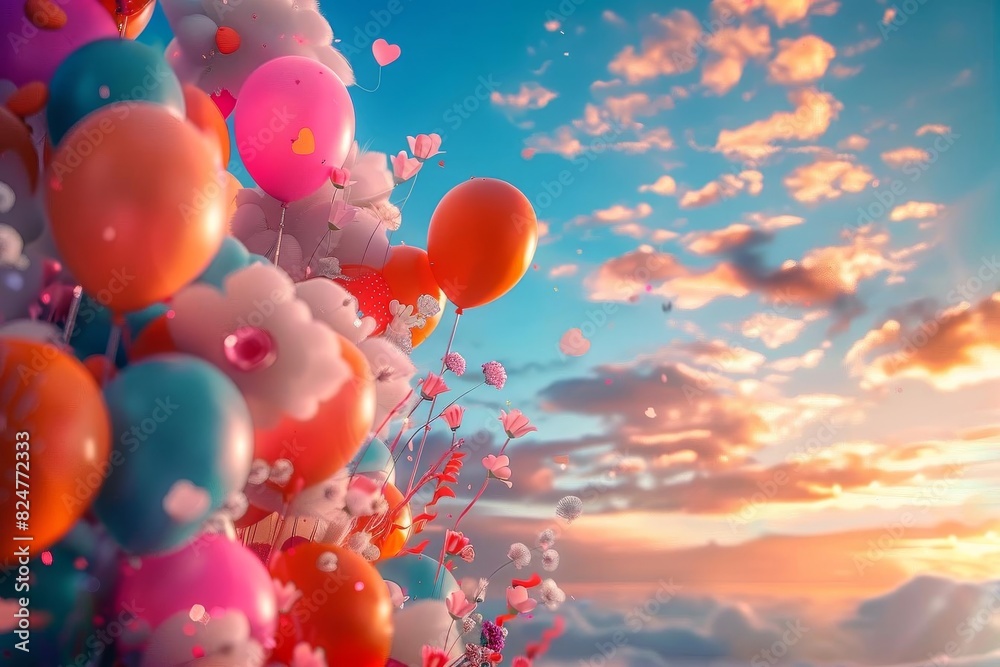 A bright and cheerful 3D composition with colorful balloons floating up into a sky filled with fluffy A bright and cheerful 3D composition with colorful balloons floating up into a sky filled with fluffy