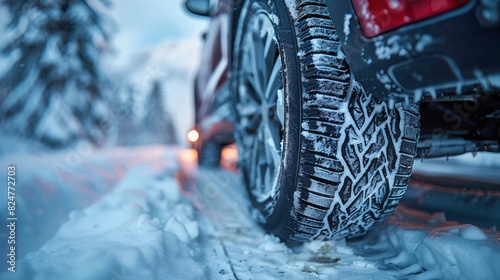 Close-up of a winter tire on a vehicle, showcasing traction on a snowy road photo