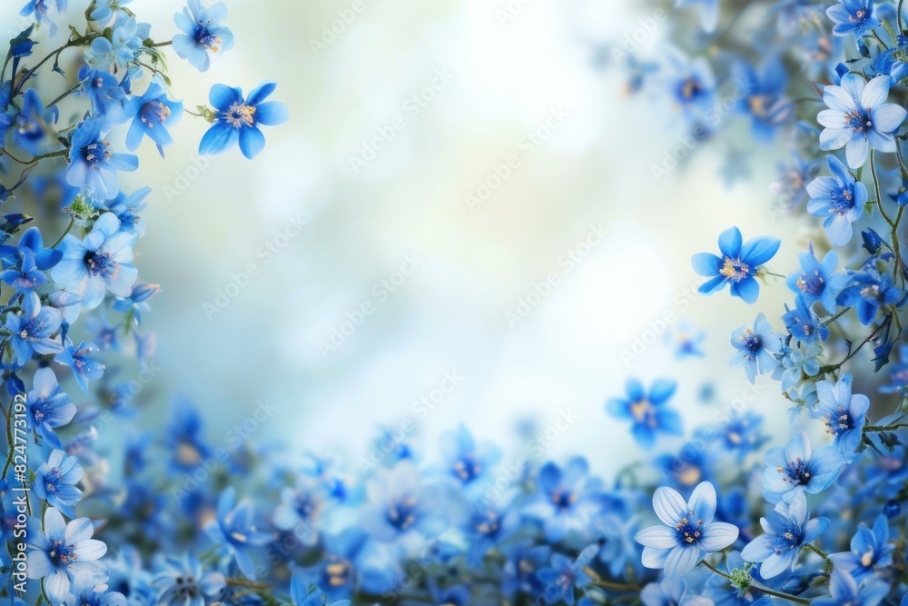 Soothing and serene tranquil blue floral background with soft focus and dreamy bokeh. Featuring delicate petals and beautiful blossoms