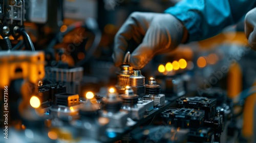 Close-up of a technician's hands adjusting complex machinery, highlighting precision and technology in manufacturing
