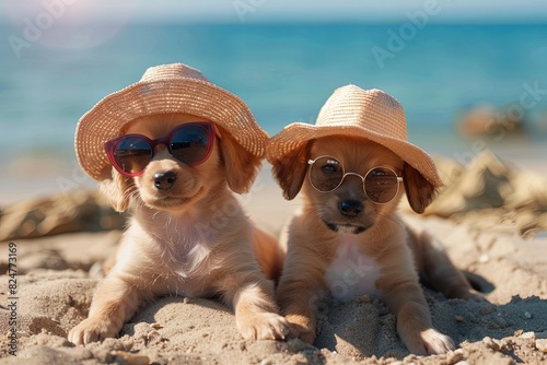Cute puppies enjoying a beach day with sun hats and sunglasses. photo