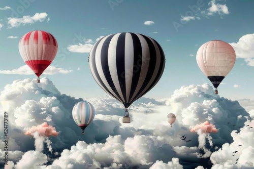 A serene illustration of cartoonstyle 3D balloons floating among fluffy clouds