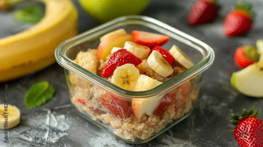 Fresh Strawberry and Banana Oatmeal in Glass Container Fresh Strawberry and Banana Oatmeal in Glass Container