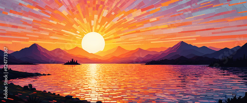 illustrazione di paesaggio crepuscolare, con sole al tramonto su veduta marina