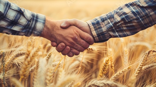 Two happy farmers shake hands wheat field under a clear blue sky. Two people in nature, wearing hats, are shaking hands wheat field under blue sky. natural landscape of the grassland makes them happy 
