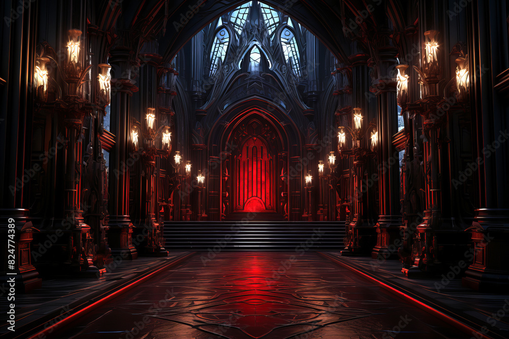 Hallway interior in a Gothic style castle.