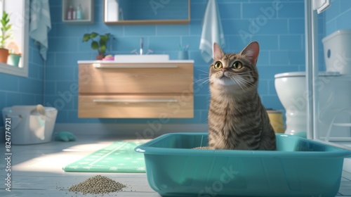 A chubby cat exploring a litter box, with a playful expression and a clean, organized bathroom behind it. photo
