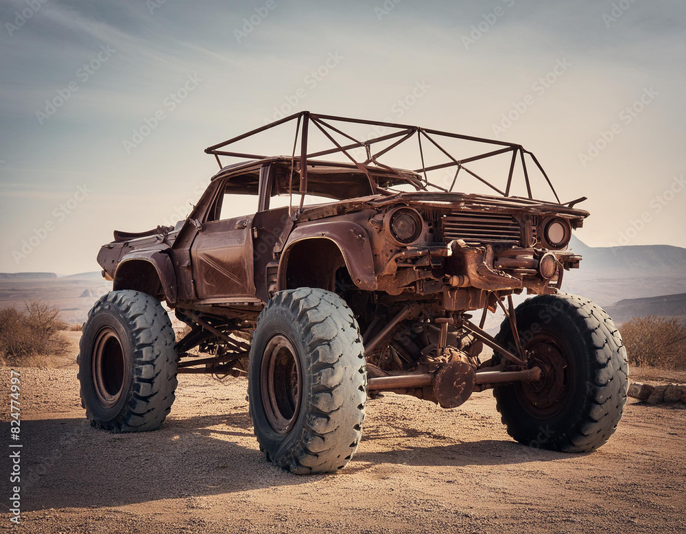 mad max style, rusty demagerd offroad car riding through post apocalyptic desert mad max style, rusty demagerd offroad car riding through post apocalyptic desert