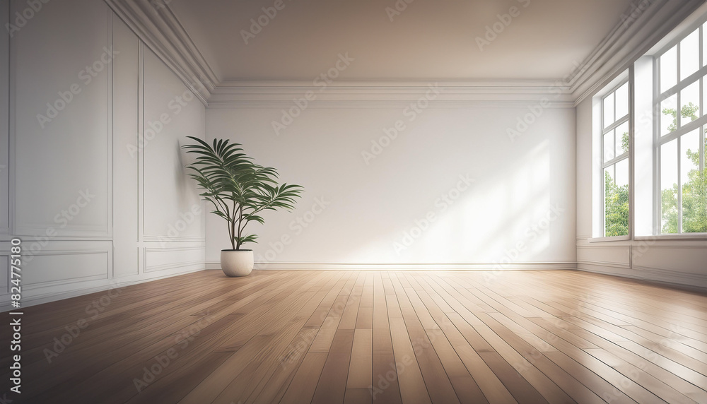 Obraz premium Empty light-filled modern loft space with potted plant on a wooden floor. Generative Ai.