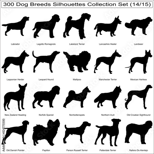 Fotografie Set of Dog Breeds Silhouettes Bundle Collection Set of 300 Dog Silhouettes Isola