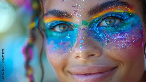 A detailed close-up of rainbow-colored face paint on a smiling person        s cheek  highlighting personal Pride and identity. List of Art Media Photograph inspired by Spring magazine