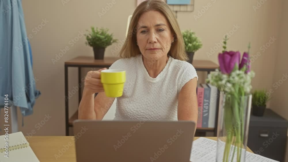 Mature woman working from home with laptop and coffee in a cozy room. Mature woman working from home with laptop and coffee in a cozy room.