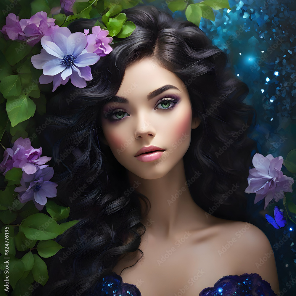 Naklejka premium A close-up reveals a woman's striking blue eye, its depths harboring the secrets of the cosmos. Delicate flowers in shades of purple and blue