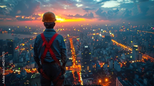 A construction worker in safety gear overlooks a sprawling cityscape during sunset offering a sense of accomplishment and planning
