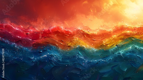 A vibrant and colorful illustration of the Pride flag waving in the wind, symbolizing unity and diversity. List of Art Media Photograph inspired by Spring magazine © sakareeya