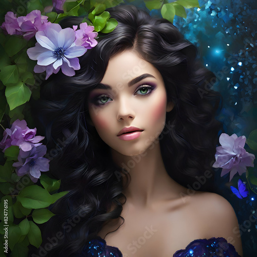 A close-up reveals a woman's striking blue eye, its depths harboring the secrets of the cosmos. Delicate flowers in shades of purple and blue