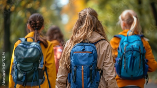Four friends are seen from behind walking in an autumnal setting with colorful backpacks Nature, friendship, and adventure are prominent themes
