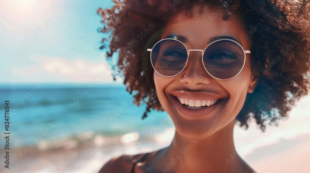 Black afro female with sunglasses enjoying beach near ocean