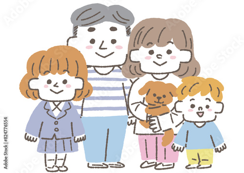 子供が二人とペットがいる核家族のイラスト