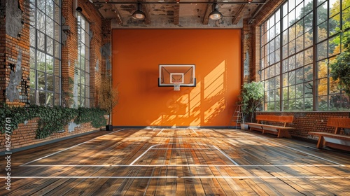A spacious indoor basketball court with natural light and a vibrant orange wall, ready for a game