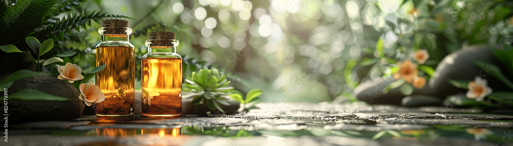 Beautiful spa setting with two glass bottles of essential oils surrounded by plants and flowers, promoting relaxation and natural wellness. Beautiful spa setting with two glass bottles of essential oils surrounded by plants and flowers, promoting relaxation and natural wellness.