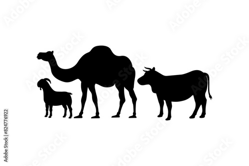 Cow  camel  and goat silhouettes for farm stock design. Eid al-Adha sacrifice animal silhouette vector illustration