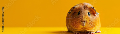 Adorable brown guinea pig against a bright yellow background, perfect for pet and animal themed content with a cheerful vibe. photo