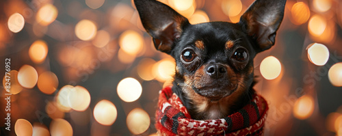 Adorable small dog wearing a red scarf with festive bokeh lights background, capturing the warmth and charm of the holiday season. photo