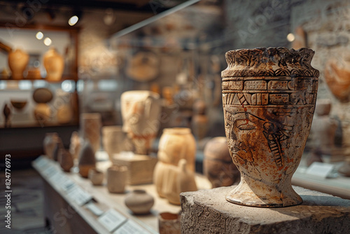 Ancient pottery exhibit in a museum showcasing historical artifacts and decorative ceramics from past civilizations. photo
