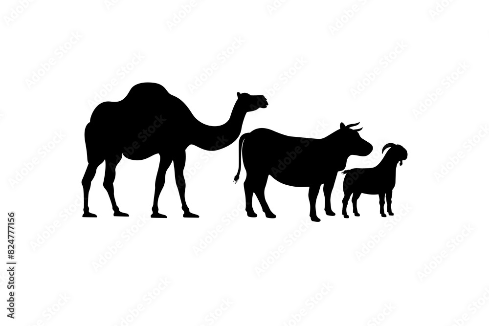 Obraz premium Cow, camel, and goat silhouettes for farm stock design. Eid al-Adha sacrifice animal silhouette vector illustration