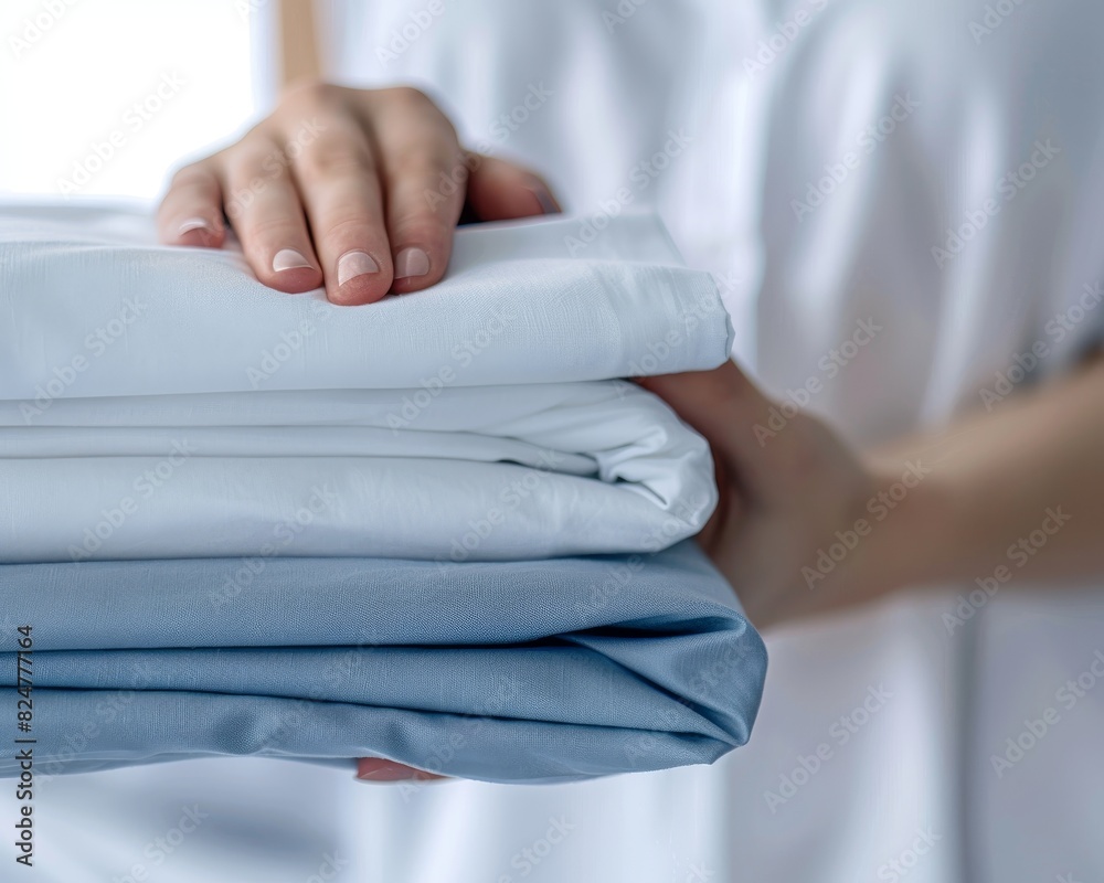 Closeup of womans hand holding stack of freshly folded blue and white bed sheets Closeup of womans hand holding stack of freshly folded blue and white bed sheets