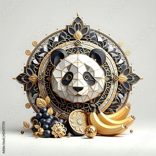 cartoon panda with a geometric mandala design style in black and gold