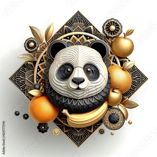 cartoon panda with a geometric mandala design style in black and gold