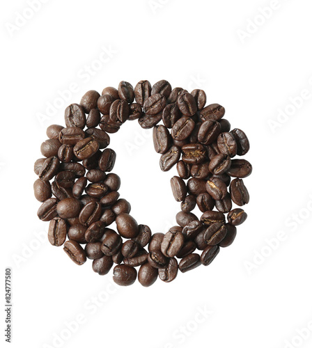 Letter O of the English alphabet made from coffee beans, transparent background Fonts for coffee shops