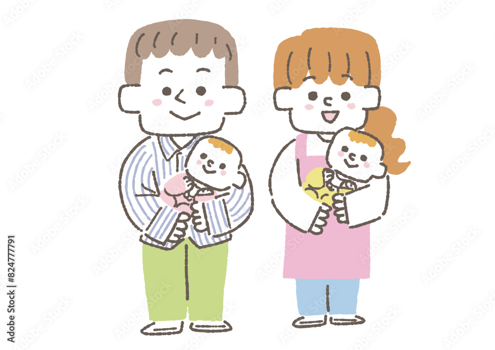 赤ちゃんを抱っこしている男性と女性のイラストセット 赤ちゃんを抱っこしている男性と女性のイラストセット