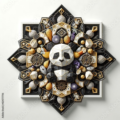 cartoon panda with a geometric mandala design style in black and gold