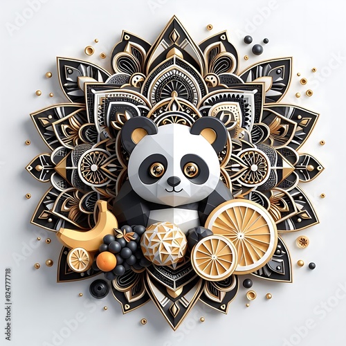 cartoon panda with a geometric mandala design style in black and gold