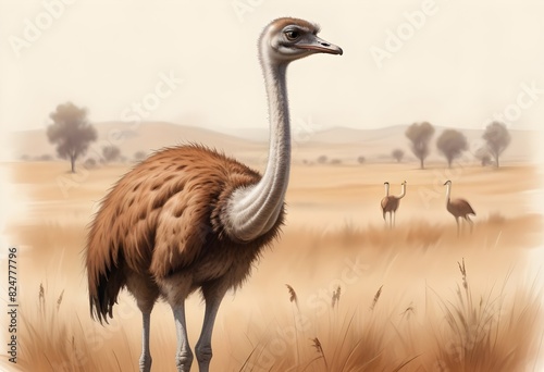 Sketch lines tall ostrich with long neck standing