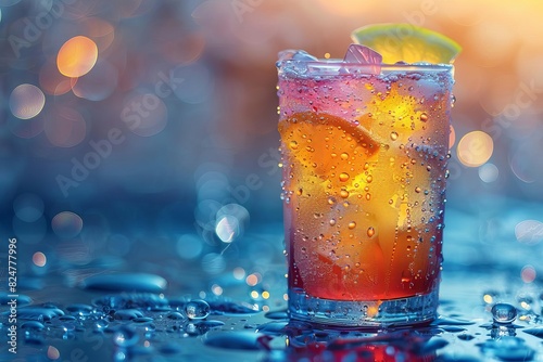 Refreshing iced drink with fruit and condensation.