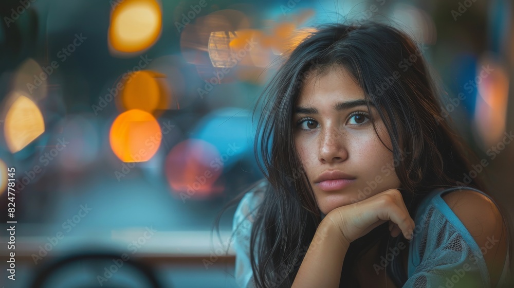 Obraz premium Beautiful Latin Mexican woman sitting in front of a window with blurred background
