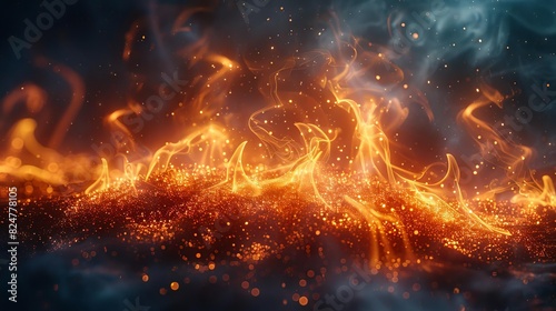 Closeup of burning embers and flames with sparks flying.