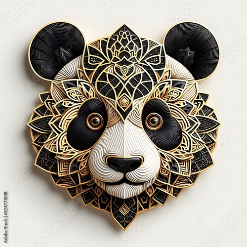 cartoon panda with a geometric mandala design style in black and gold