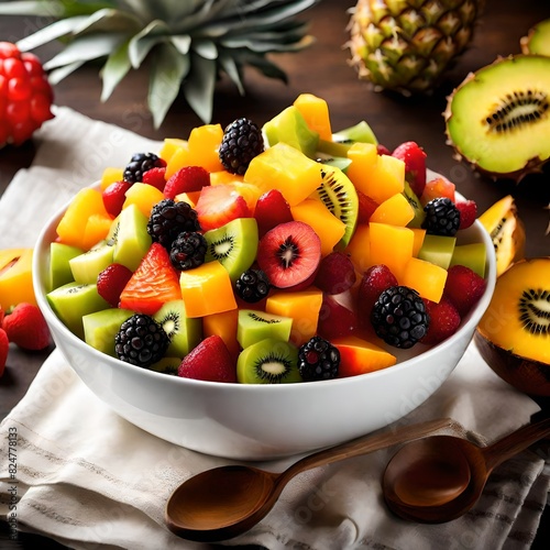 adescribe a bowl full of fruit pices and well decorated. photo