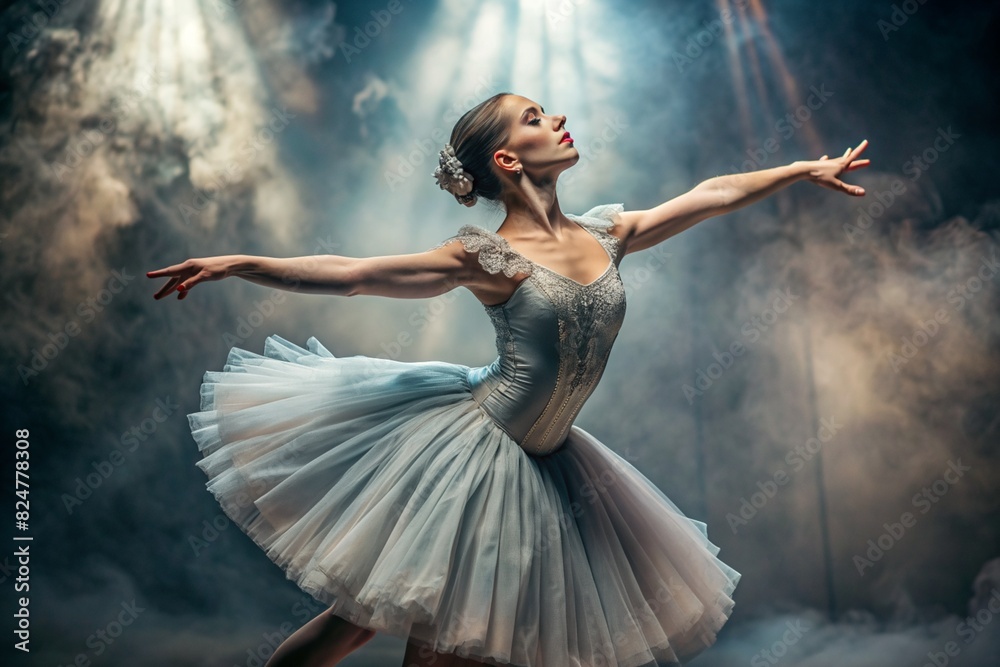 Naklejka premium Portrait of a beautiful young ballerina . The radiance of Russian ballet, a ballerina in a tutu performs on stage.