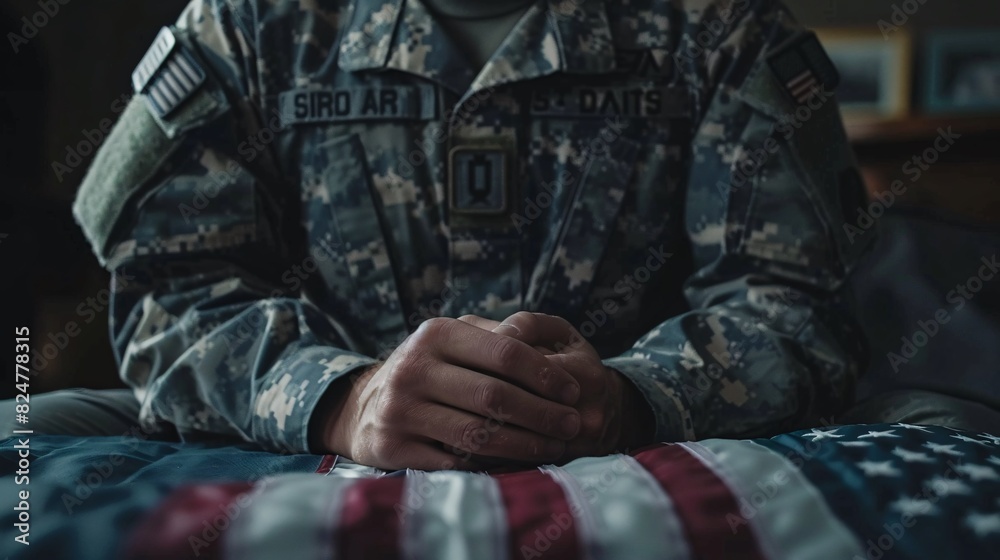 A hyper-realistic image of a soldier in uniform holding the American flag, captured with soft box lighting and cross polarization for print quality, shallow depth-of-field A hyper-realistic image of a soldier in uniform holding the American flag, captured with soft box lighting and cross polarization for print quality, shallow depth-of-field