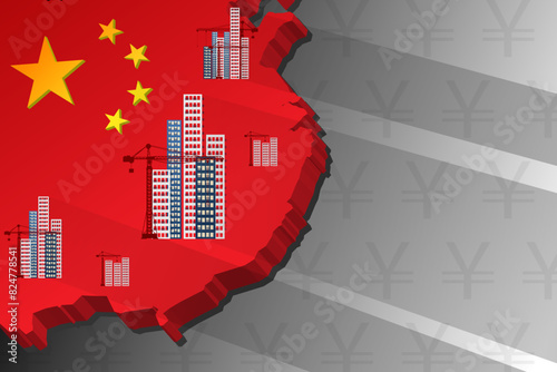 Chinese property sector crisis, financial crisis, China's Real Estate slump, flag of China and stock market decline	