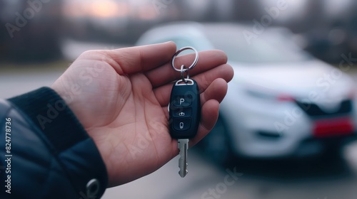Show a car key resting on a hand, with the car visible in the background, highlighting the concept of gifting or receiving a car. white scene © Borin