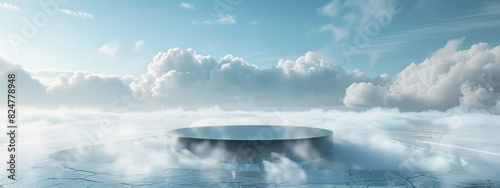 3d render of futuristic round podium in the middle of an ice field photo