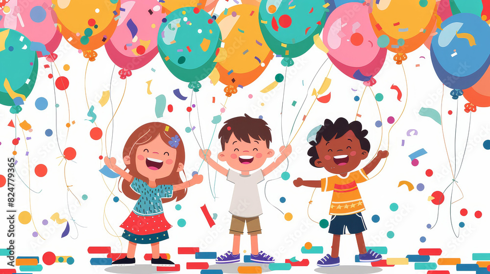 Bright Childrens Day background with colorful balloons, confetti, joyful kids celebrating. Bright Childrens Day background with colorful balloons, confetti, joyful kids celebrating.