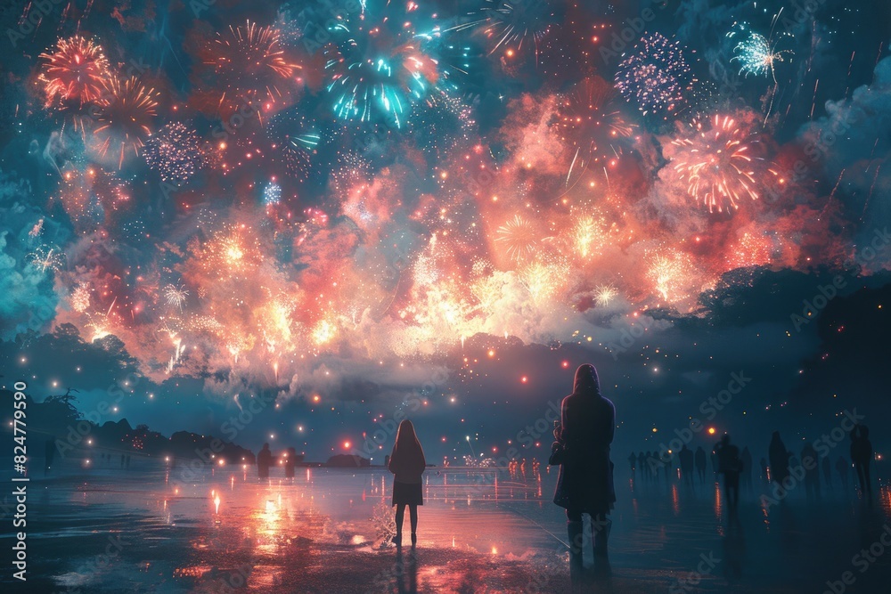 Gorgeous fireworks and the Milky Way, silhouettes of people Gorgeous fireworks and the Milky Way, silhouettes of people